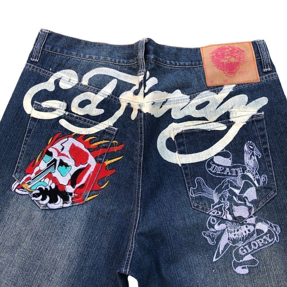 RARE Ed Hardy By Christian Audigier Embroidered Jeans Size 40 Blue
